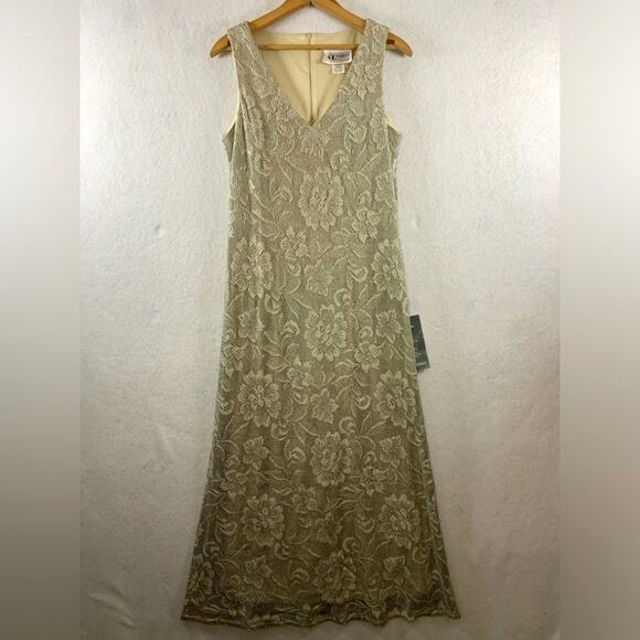 Vintage 90s Floral Mesh Lace Maxi Dress Size 10 Boho Romantic Iridescent Glam - Picture 1 of 15